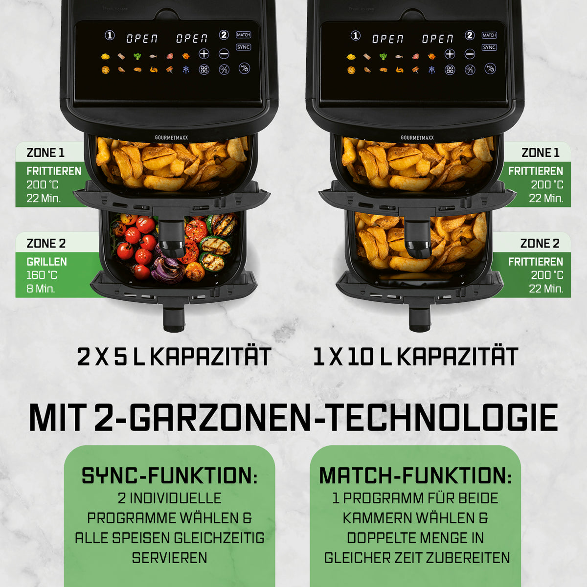 FryUp XL Vertikale Doppelkammer-Heißluftfritteuse mit Sichtfenster - 12 L zeigt Funktionen und Kapazität der 2-Garzonen-Technologie.