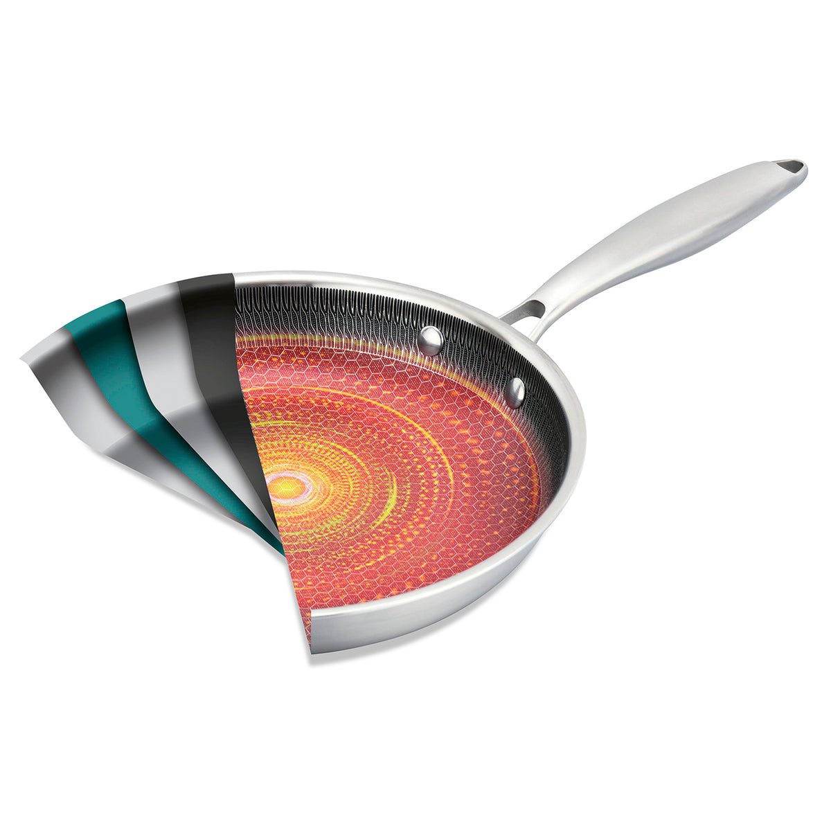 Edelstahl-Pfanne mit Wabenstruktur mit aufgeklapptem Schnittbild und sichtbarer Wabenbodenstruktur