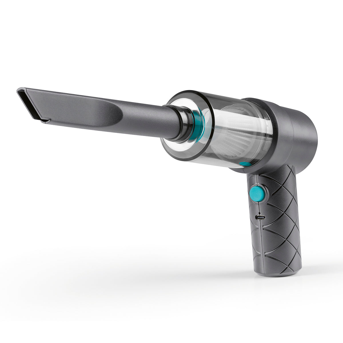 2-in-1-Akkusauger - Grau/Blau mit transparentem Staubbehälter und langer Fugendüse