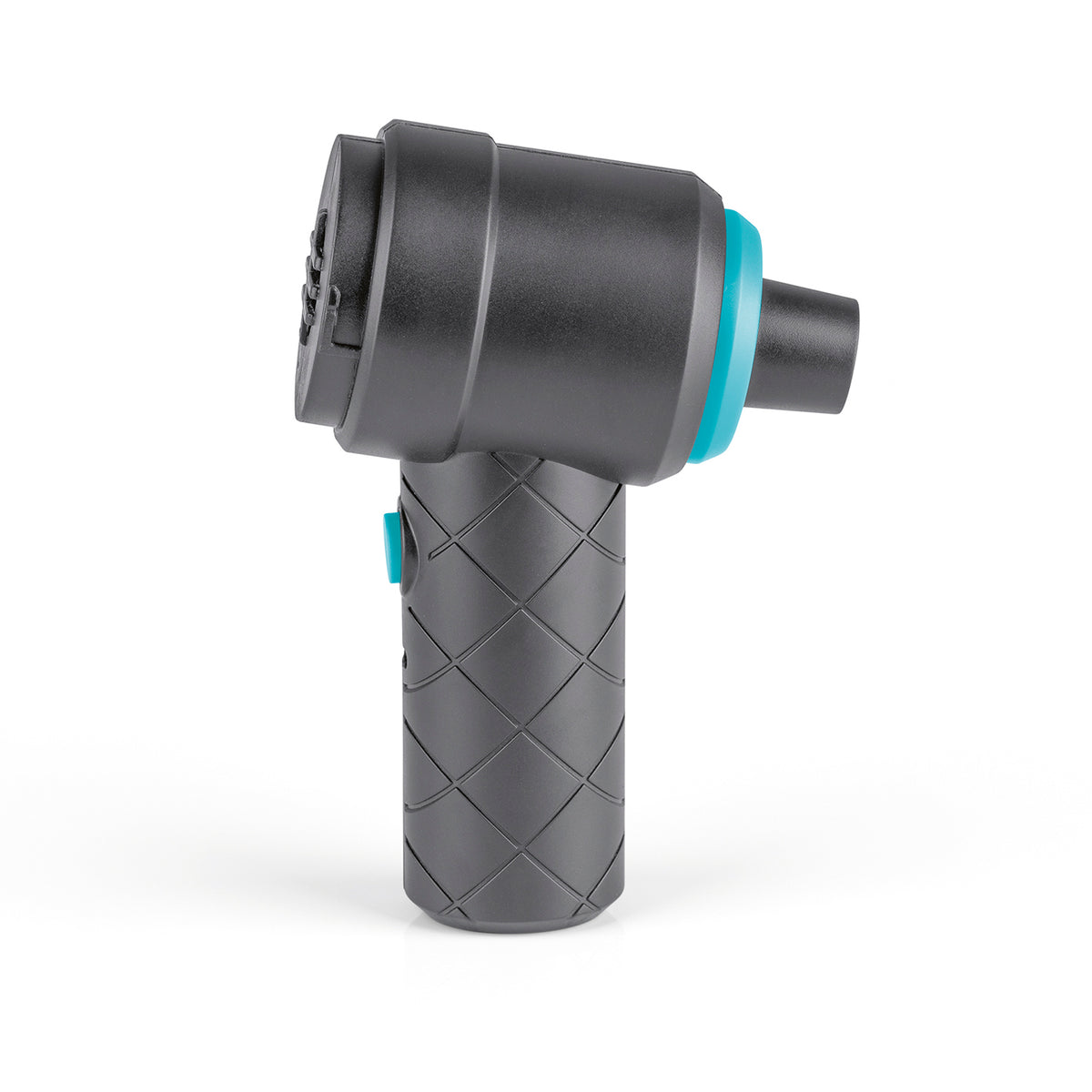 2-in-1-Akkusauger - Grau/Blau in Seitenansicht mit schwarzem Gehäuse türkisfarbenen Akzenten und strukturiertem Griff