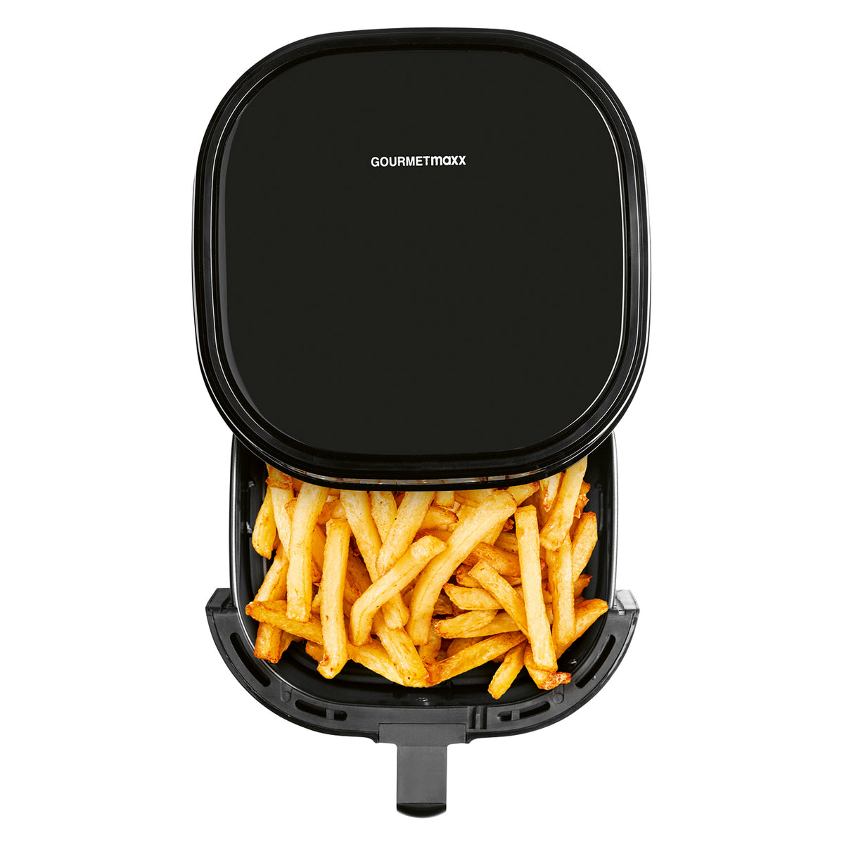 Heißluftfritteuse - 4,5 L Fassungsvermögen mit knusprigen Pommes in schwarzem Gehäuse und praktischem herausziehbarem Korb.