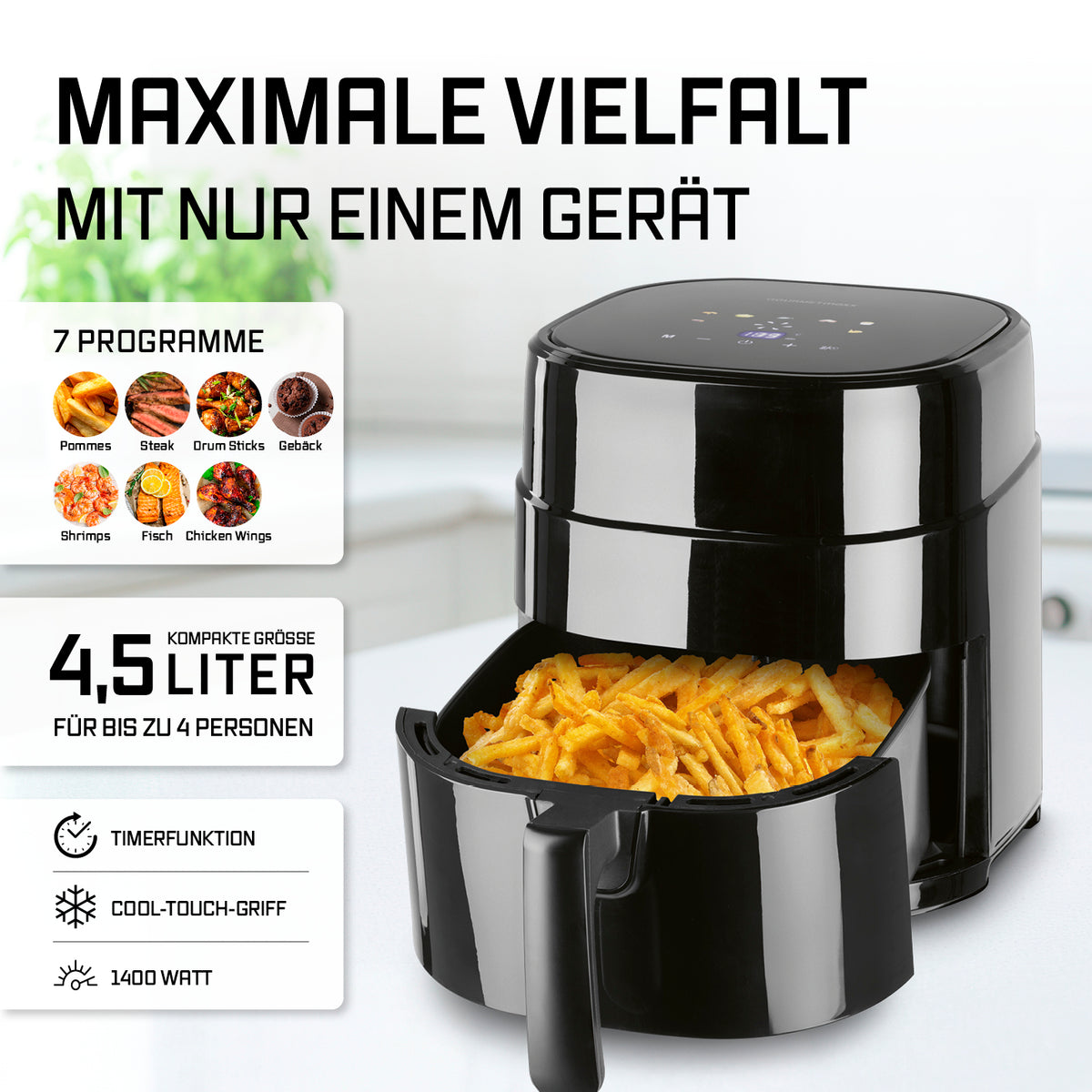 Heißluftfritteuse - 4,5 L Fassungsvermögen mit 7 Kochprogrammen, Timerfunktion und Cool-Touch-Griff für schonendes und vielseitiges Garen.