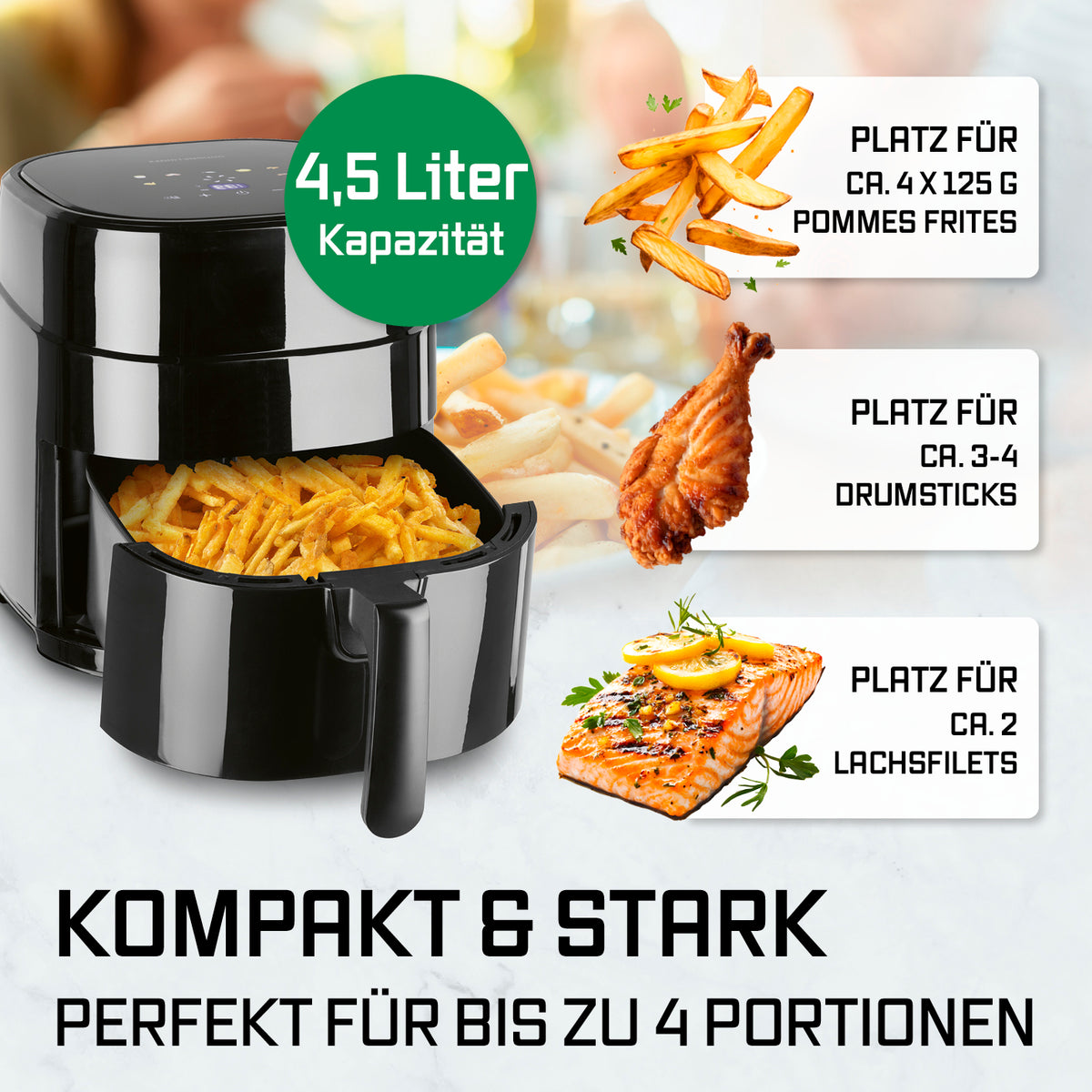 Heißluftfritteuse - 4,5 L Fassungsvermögen mit Platz für 4 Portionen Pommes, Drumsticks oder Lachsfilets, kompakt und leistungsstark.