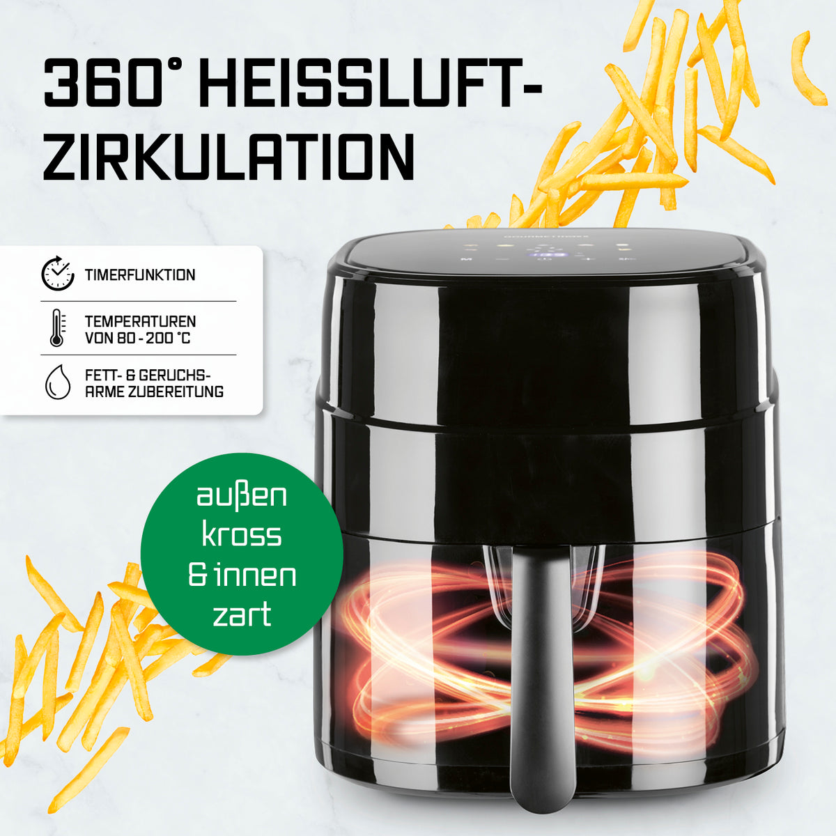 Heißluftfritteuse - 4,5 L Fassungsvermögen mit 360° Heißluftzirkulation, einstellbarer Temperatur von 80-200 °C und Timerfunktion.