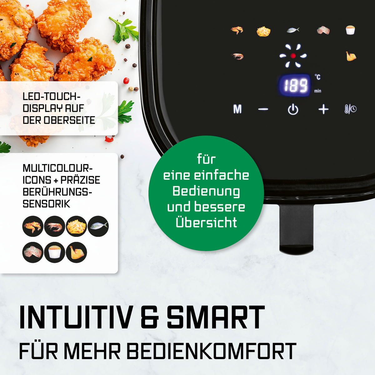 Heißluftfritteuse - 4,5 L Fassungsvermögen mit intuitivem LED-Touch-Display und farbigen Symbolen für einfache Bedienung und präzise Temperaturkontrolle.