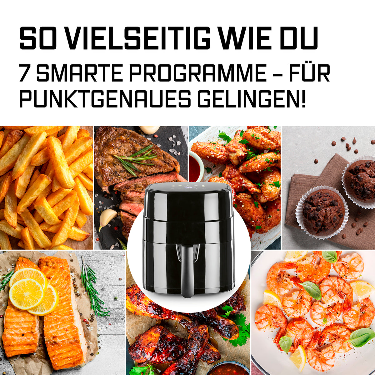 Heißluftfritteuse - 4,5 L Fassungsvermögen mit 7 voreingestellten Programmen für vielseitiges und punktgenaues Garen unterschiedlicher Speisen.