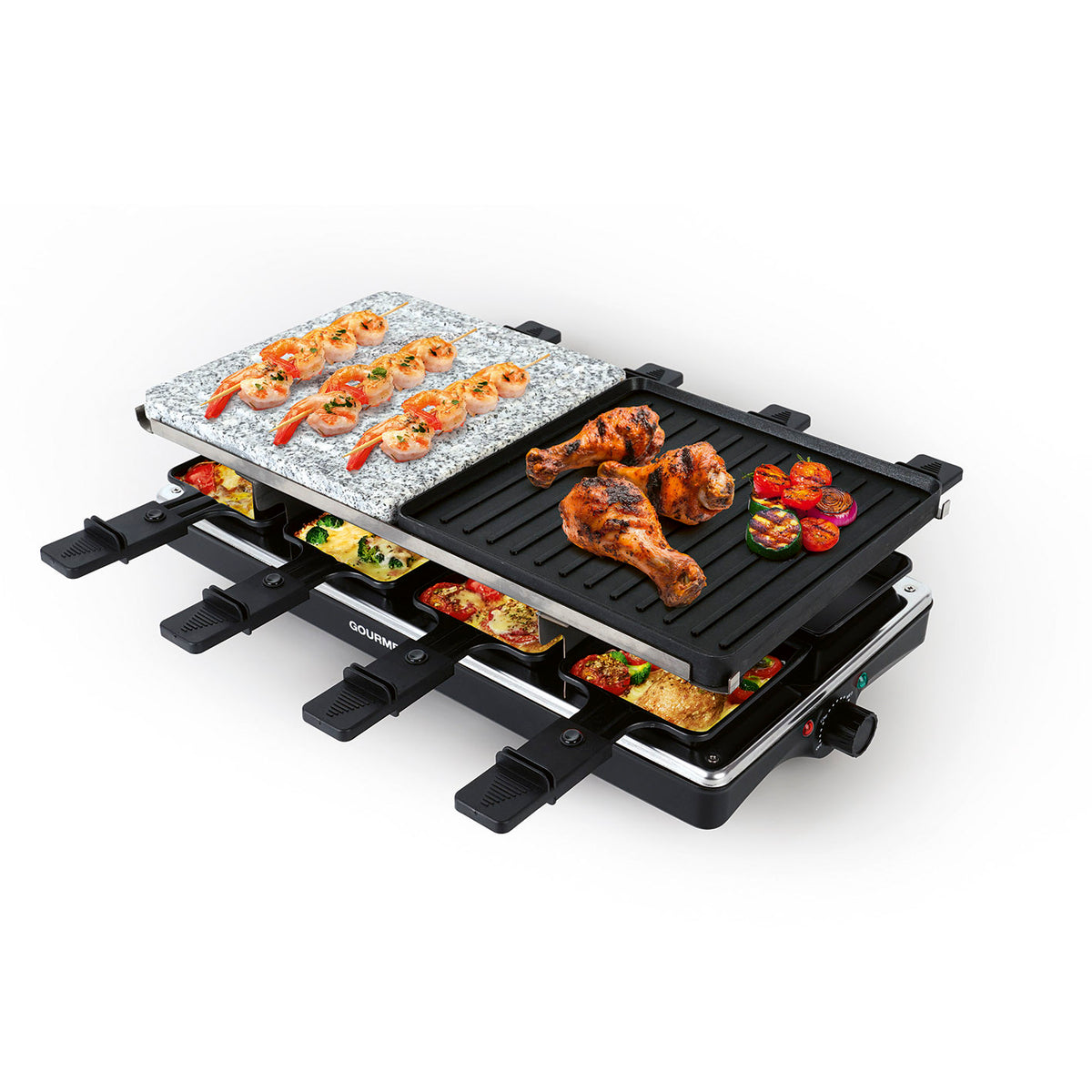 Raclettegrill - 8 Personen - Schwarz/Edelstahl mit Grillplatte und acht Pfännchen in Gebrauch