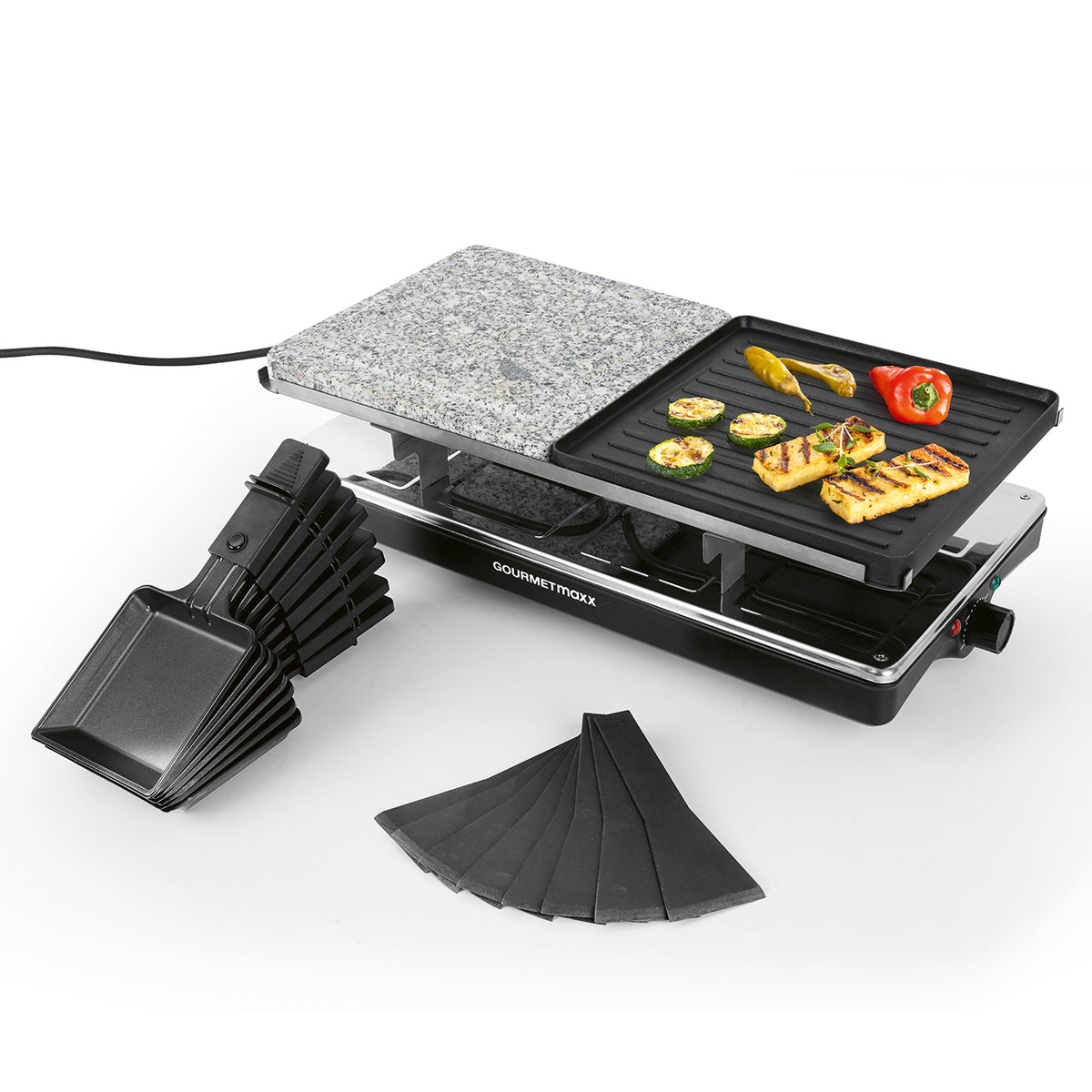 Raclettegrill - 8 Personen - Schwarz/Edelstahl mit Natursteinplatte, Grillfläche und Raclettepfännchen