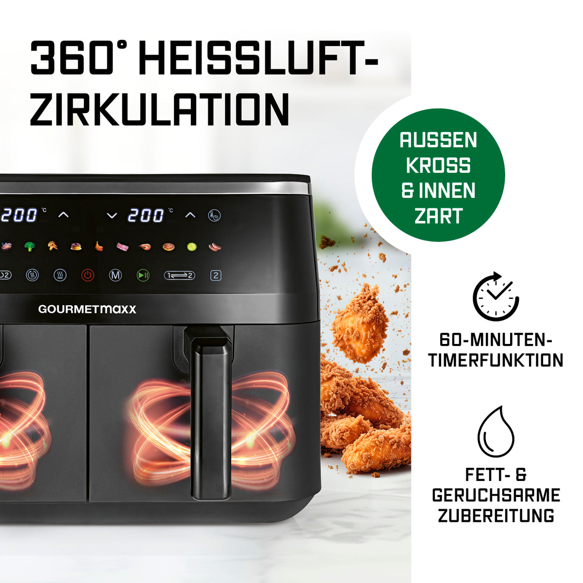 Doppelkammer-Heißluftfritteuse - 9 Liter (2 x 4,5 l) mit 360° Heißluftzirkulation, Timer und fettarmer Zubereitung.
