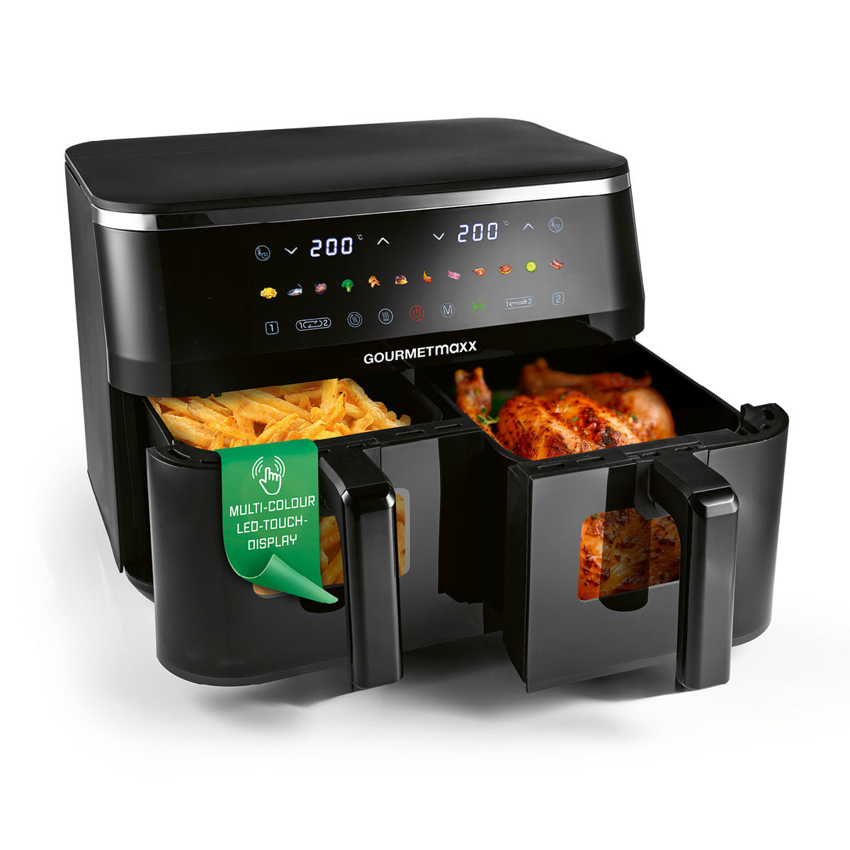 Doppelkammer-Heißluftfritteuse mit Sichtfenstern - 9 Liter (2 x 4,5 l) mit LED-Touchdisplay und zwei Frittierfächern.