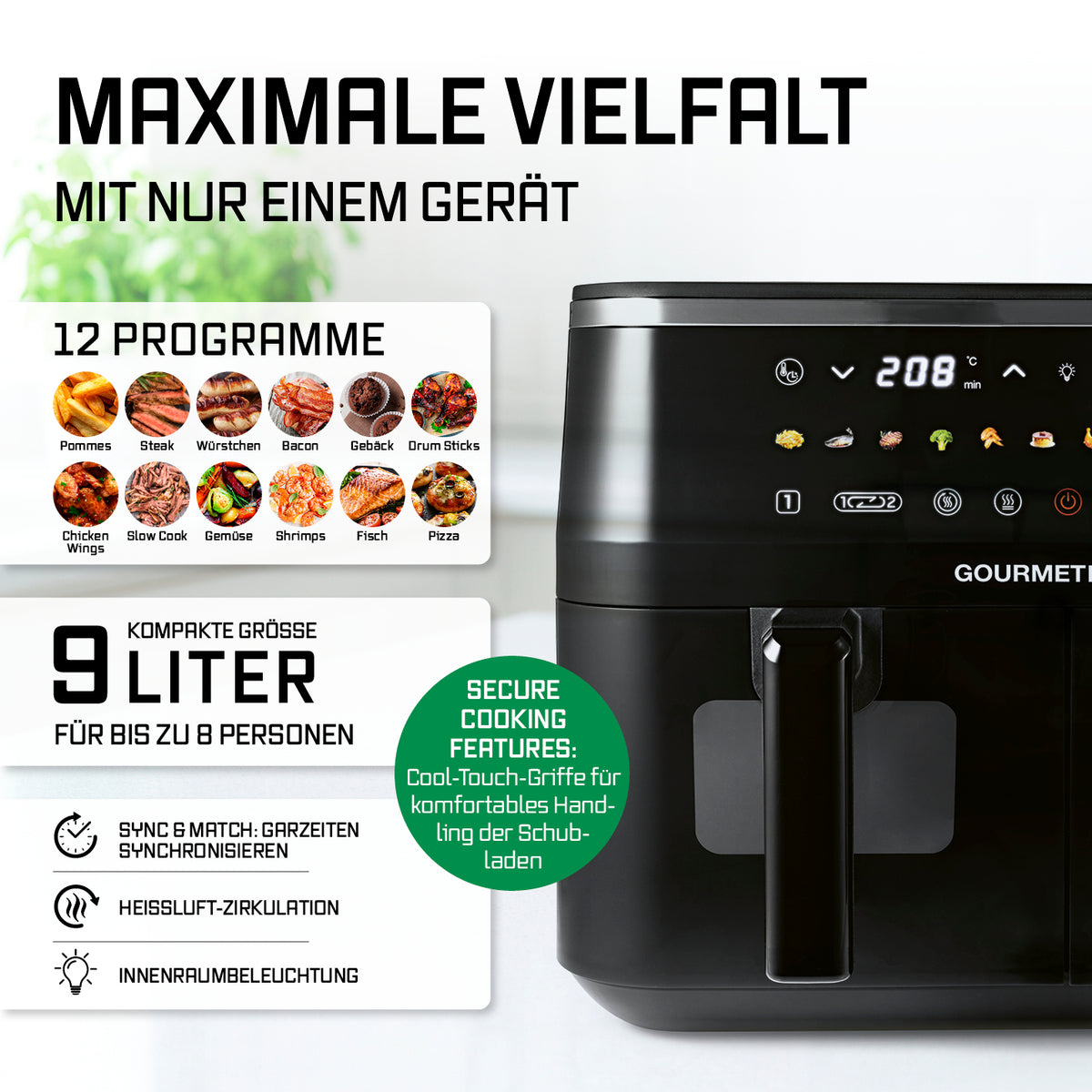 Doppelkammer-Heißluftfritteuse mit Sichtfenstern - 9 Liter (2 x 4,5 l) mit 12 Programmen und LED-Touchdisplay für vielseitiges Garen