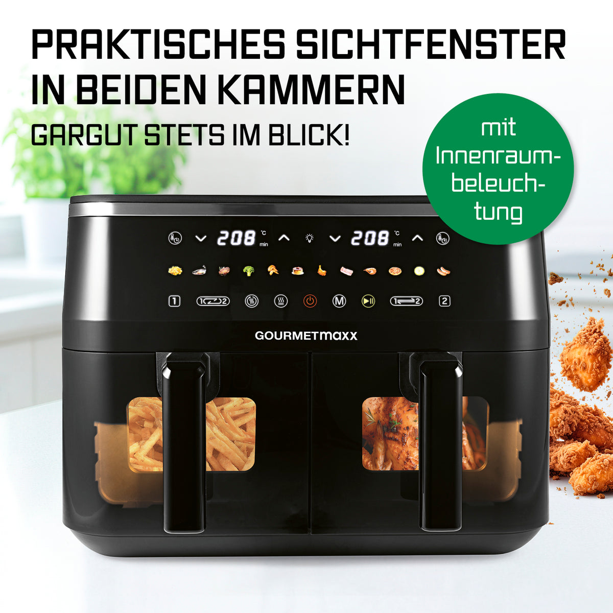 Doppelkammer-Heißluftfritteuse mit Sichtfenstern - 9 Liter (2 x 4,5 l) mit LED-Display und beleuchteten Garzonen für perfekte Sicht beim Garen.
