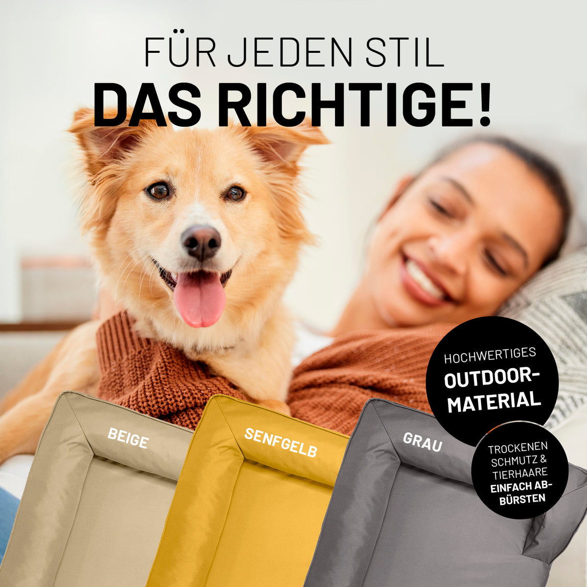 Komfort-Hundebett aus der LUMALAND Outdoor-Kollektion - Gr. S - 70 x 60 cm - Beige mit robustem Outdoor-Material und rutschfestem Boden.