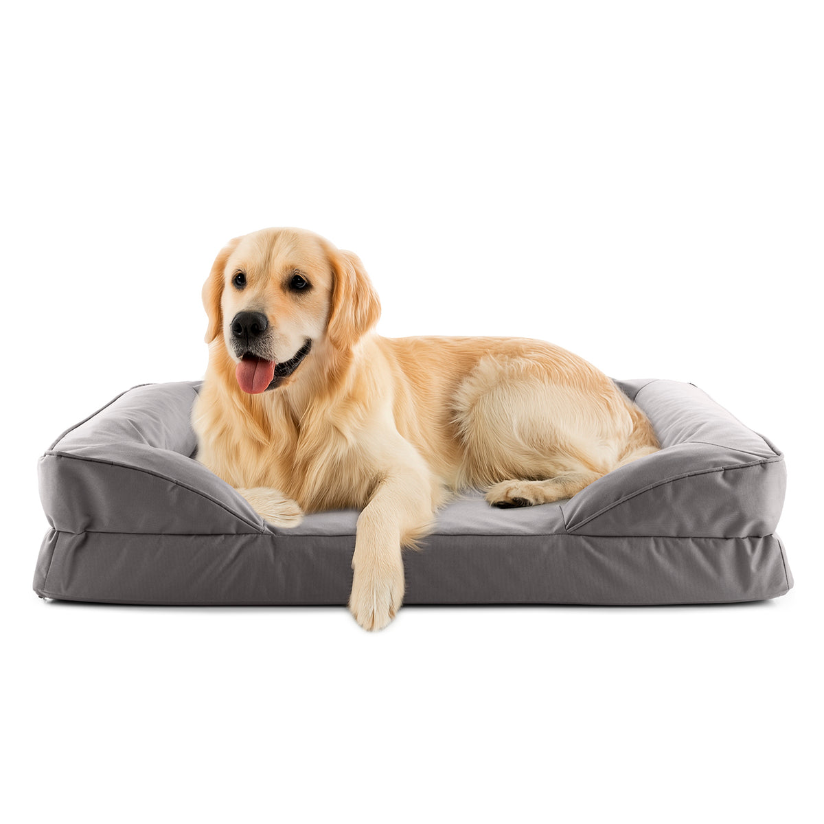 Komfort-Hundebett aus der LUMALAND Outdoor-Kollektion - Gr. L - 110 x 75 cm - Grau mit Hund liegend auf weichem Rand
