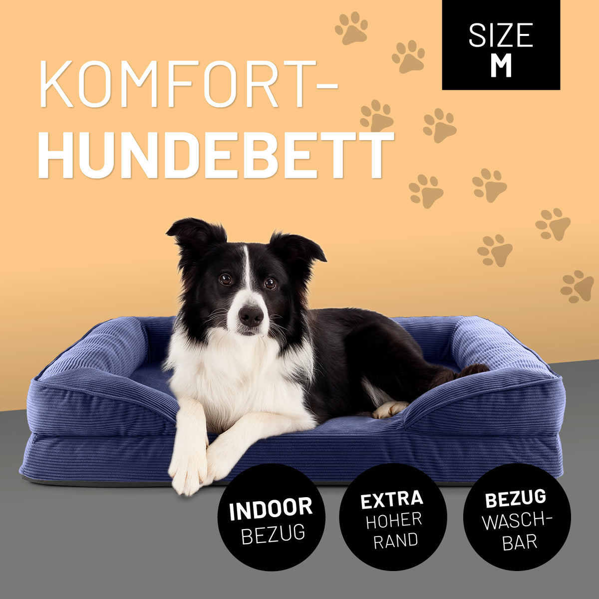 Komfort-Hundebett aus der LUMALAND Cord-Reihe - Gr. M - 90 x 65 cm - Grau mit extra hohem Rand und waschbarem Cord-Bezug