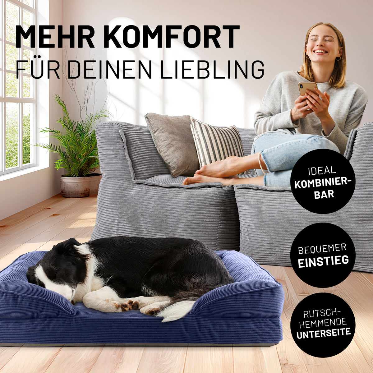 Komfort-Hundebett aus der LUMALAND Cord-Reihe - Gr. M - 90 x 65 cm - Grau mit weichem Cordbezug und rutschhemmender Unterseite.