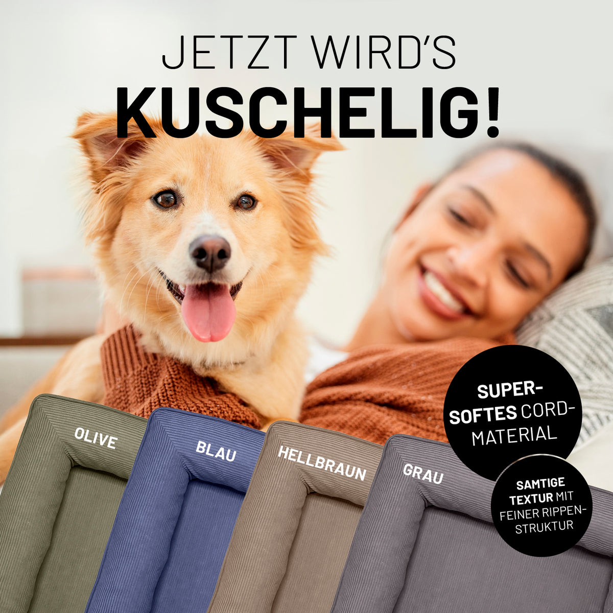 Komfort-Hundebett aus der LUMALAND Cord-Reihe - Gr. M - 90 x 65 cm - Grau mit weichem Cordbezug und hohem Rand für Komfort und Stil.