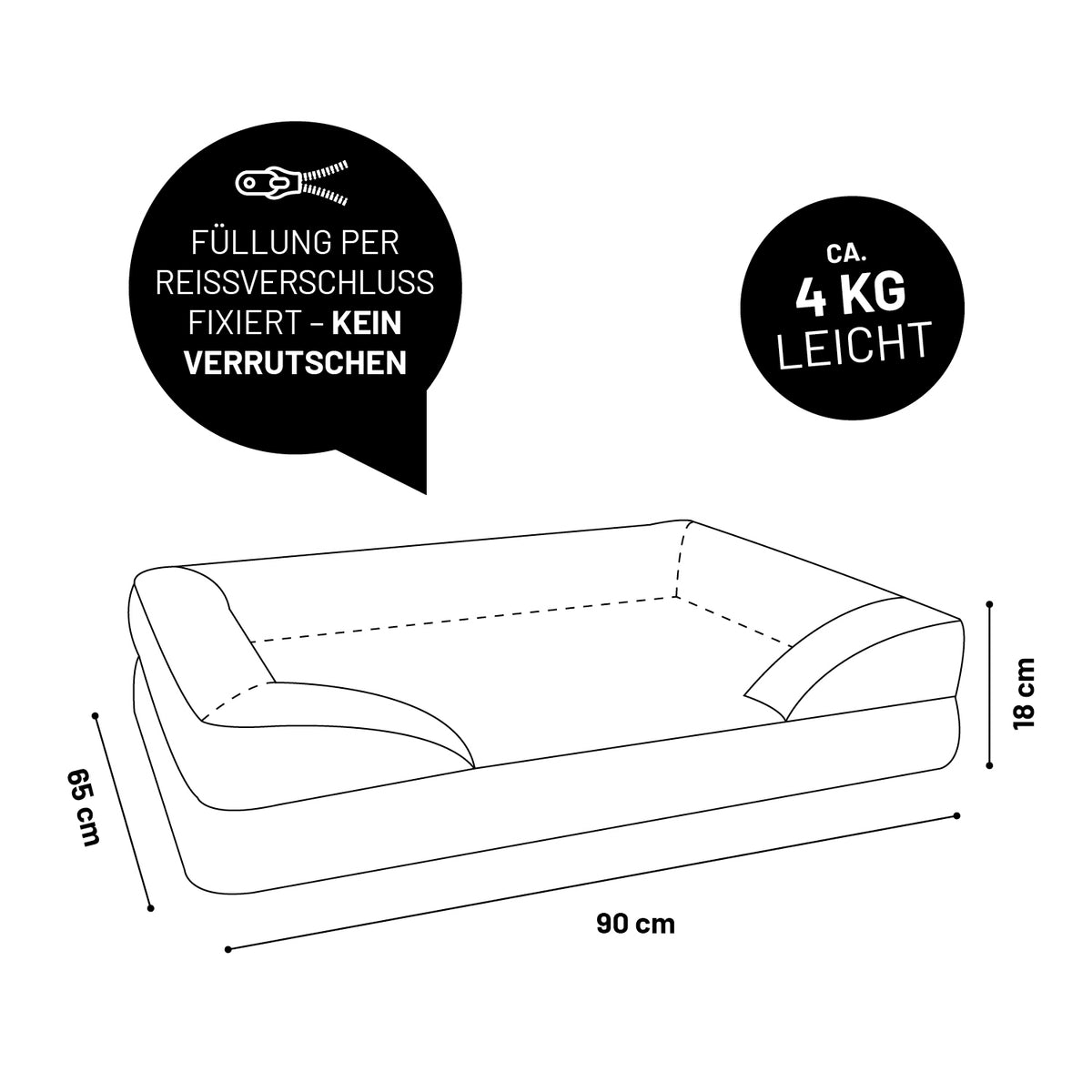 Komfort-Hundebett aus der LUMALAND Cord-Reihe - Gr. M - 90 x 65 cm - Grau mit fixierter Schaumstofffüllung und rutschhemmendem Boden.