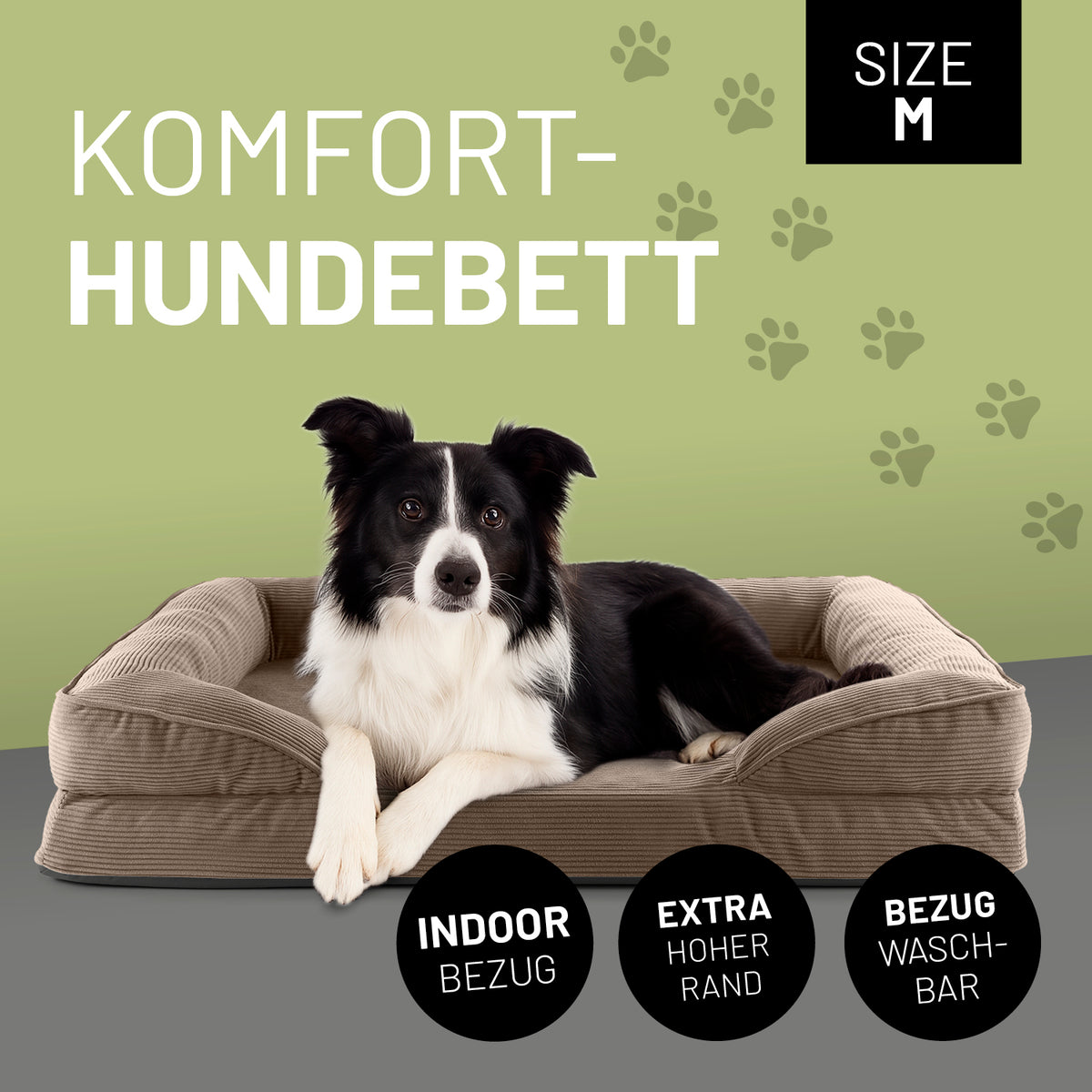 Komfort-Hundebett aus der LUMALAND Cord-Reihe - Gr. M - 90 x 65 cm - Grau mit hohem Rand, waschbarem Bezug und komfortablem Einstieg