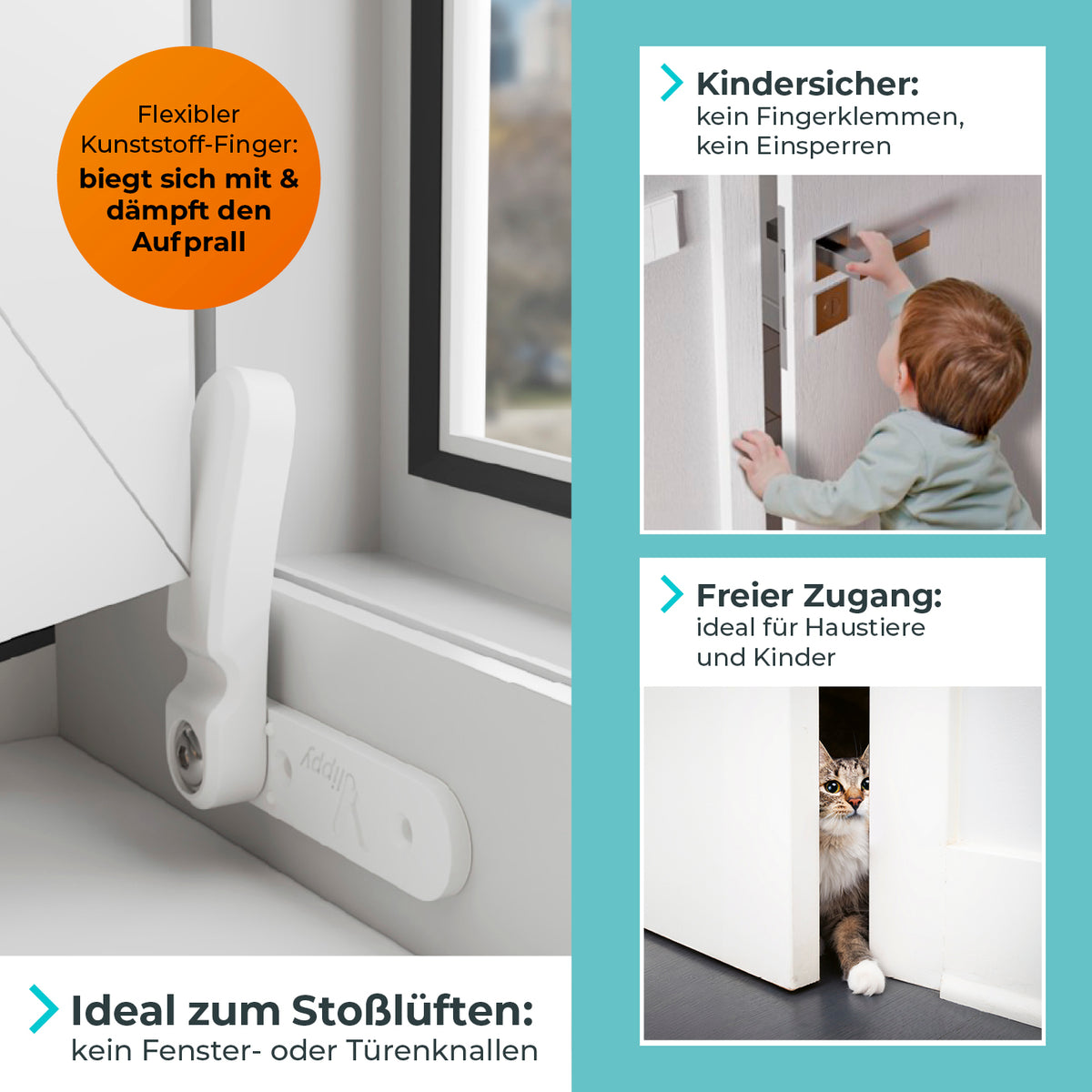 Tür- & Fensterstopper - 2er-Set mit flexiblem Kunststoff-Finger für sicheres Stoßlüften und kindersicheren, tierfreundlichen Zugang.