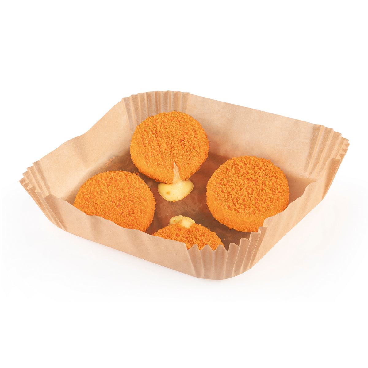Backpapier-Schalen für Heißluft-Fritteusen - 100 Stück - 23 x 23 x 4,5 cm mit panierten Bällchen