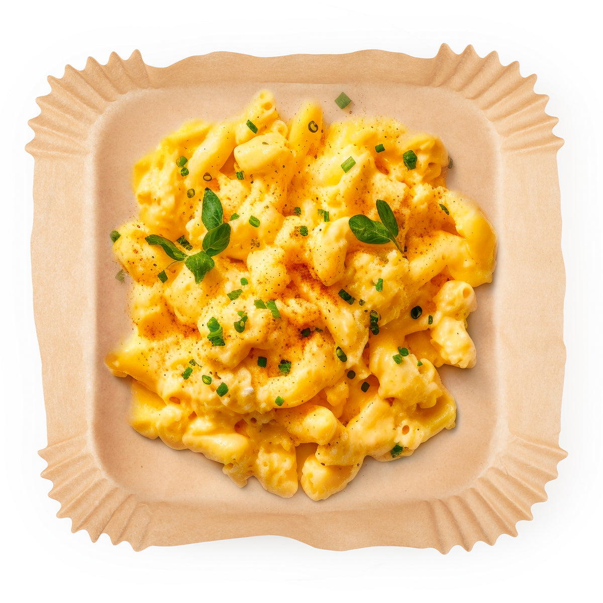 Backpapier-Schalen für Heißluft-Fritteusen - 100 Stück - 23 x 23 x 4,5 cm mit cremiger Pasta