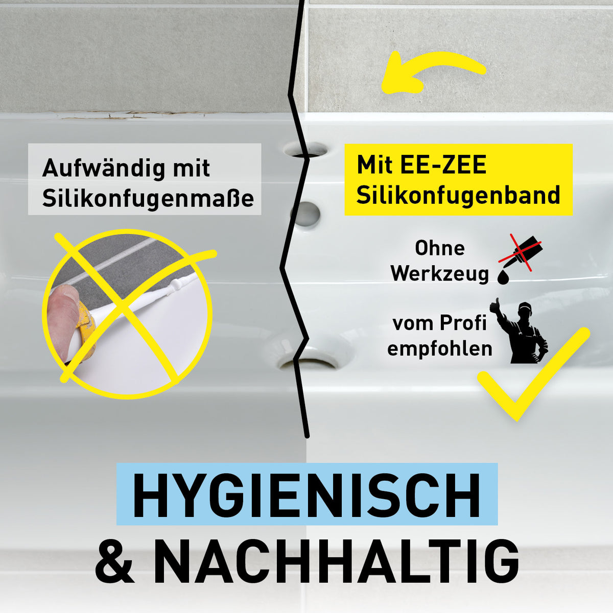 Fugenband Meterware 5 m für Waschtisch/Waschbecken - zuschneidbar zeigt hygienische, nachhaltige Abdichtung ohne Werkzeug, Galerie 4 quadratisch