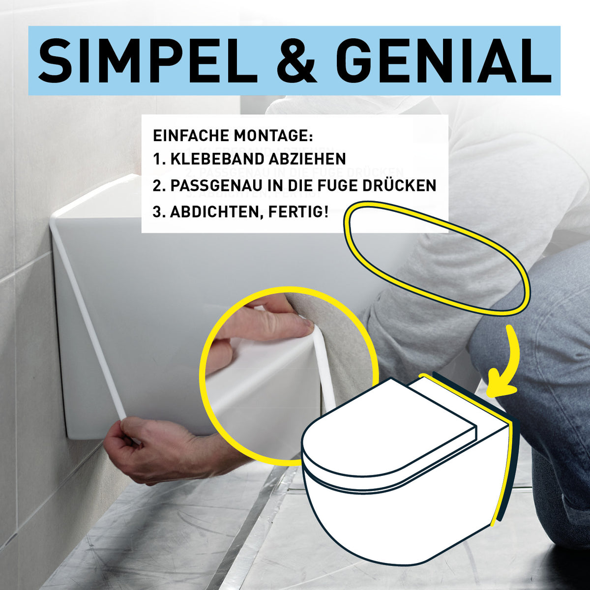Fugenring 80 cm für WC/Urinal Bild 3 zeigt einfache Montage ohne Werkzeug für sauberen Übergang Sanitärkeramik Wand