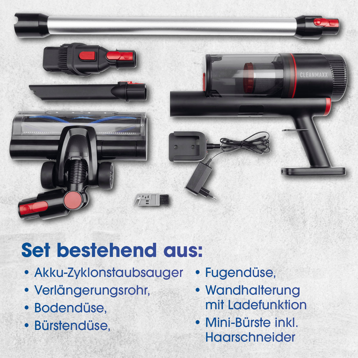 Akku-Zyklon-Staubsauger 22,2V - schwarz/rot mit Verlängerungsrohr, Bodendüse, Fugendüse, Mini-Bürste und Wandhalterung inklusive Ladefunktion