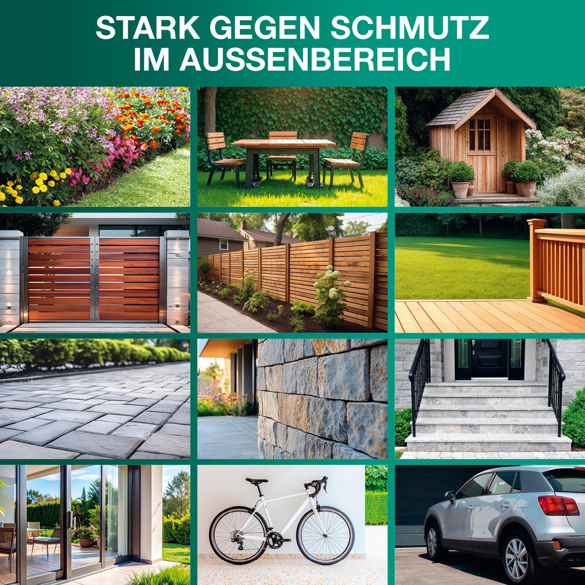 Akku-Hochdruckreiniger Galerie 6 zeigt vielfältige Außenbereiche und Oberflächen zum effektiven Reinigen mit kabellosem Gerät.