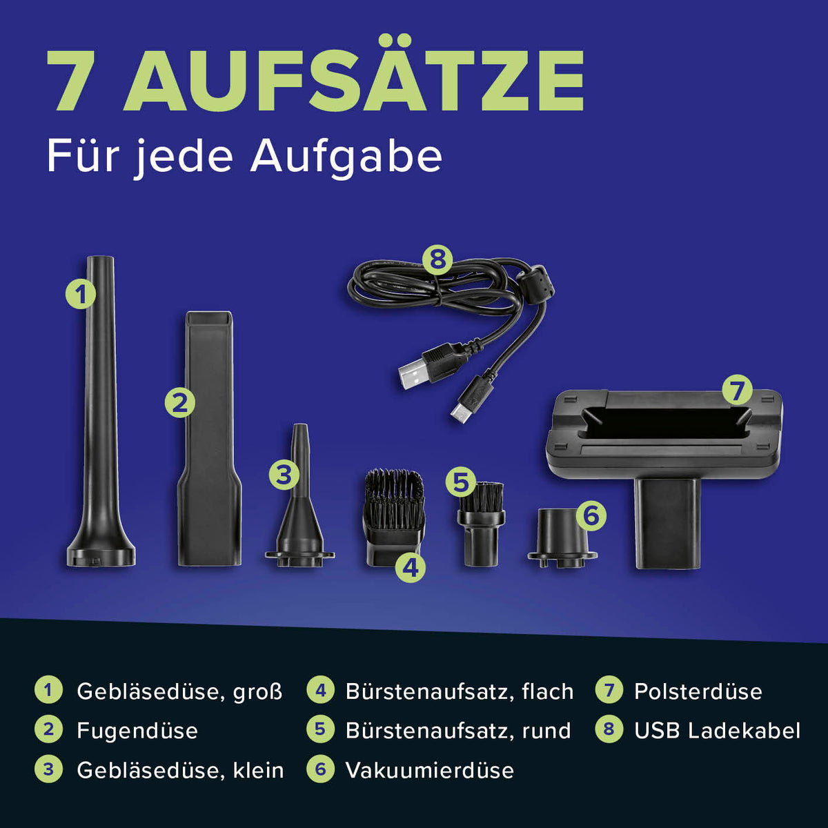 Akku-Handstaubsauger faltbar + 7 Aufsätze zeigt alle Aufsätze und USB Ladekabel in quadratischem Bild Galerie 6