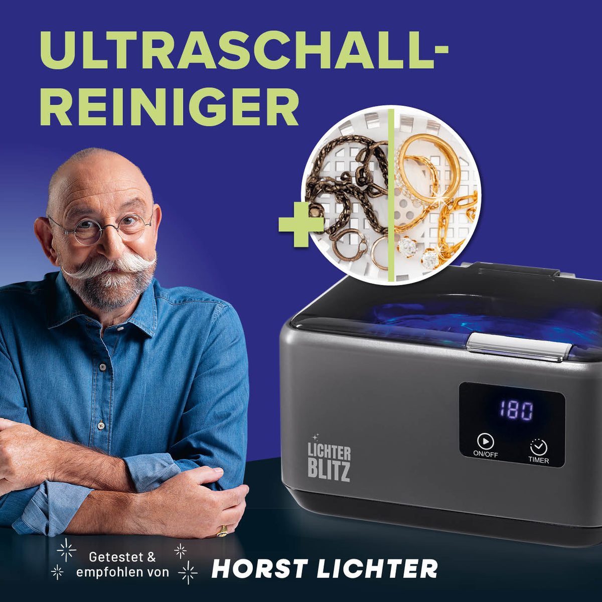Ultraschallreiniger mit digitalem Display und Vorher-Nachher Vergleich von gereinigtem Schmuck, quadratische Galerieposition 2.
