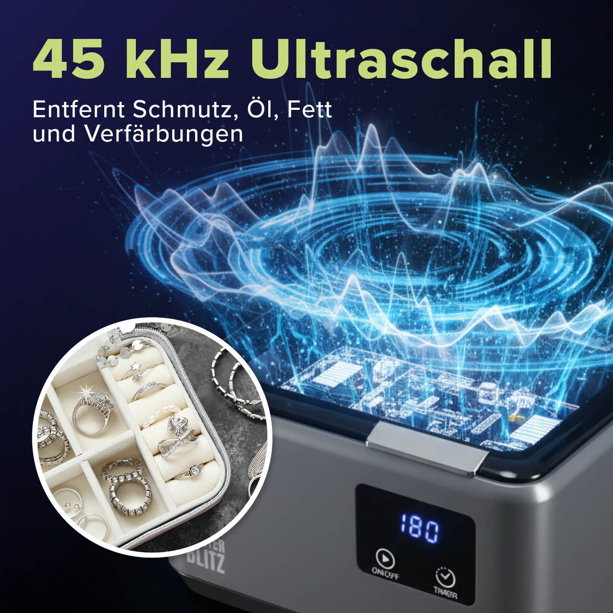 Ultraschallreiniger mit 45kHz Frequenz, digitalem Display und tiefenwirksamer Reinigung für Schmuck und mehr, Galeriebild 3 quadratisch.