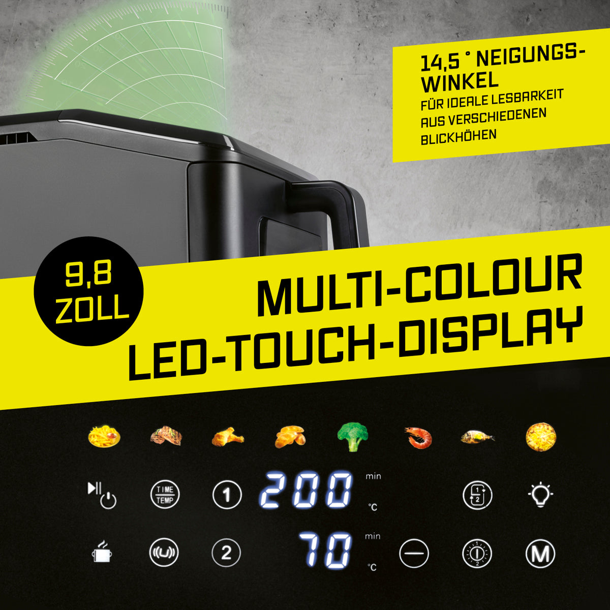 Vertikale Doppelkammer-Heißluftfritteuse mit Sichtfenster - 10 L mit 9,8 Zoll Multi-Colour LED-Touch-Display und 14,5° Neigungswinkel.