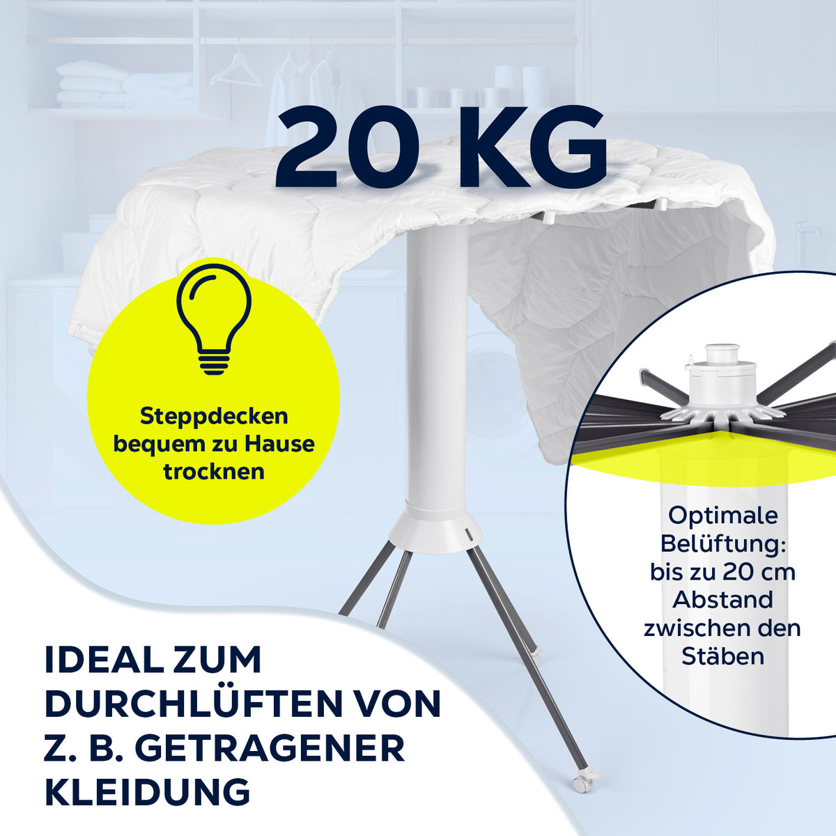 Fächer-Wäscheständer 800 mit 16 ausklappbaren Armen und optimalem Luftabstand zum Trocknen von Steppdecken bis 20 kg