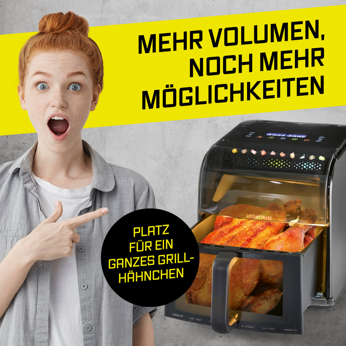 Heißluftfritteuse mit Panoramadach und Frontfenster - 7 l zeigt Grillhähnchen, Galerieposition 4 quadratisch 1417x1417px