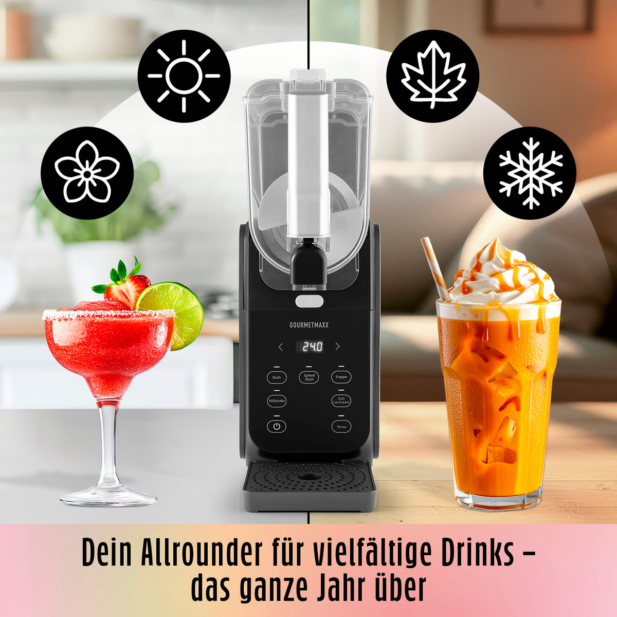 Slush Eis Maschine FreezeUp mit digitalem Display, ideal für vielfältige bunte Slushies und kalte Drinks das ganze Jahr über.