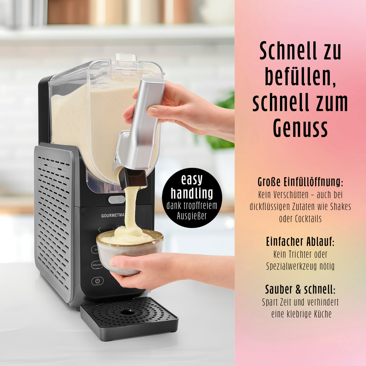 Slush Eis Maschine FreezeUp mit tropffreiem Ausgießer, einfacher Bedienung und großer Einfüllöffnung für schnelle Slush-Getränke.