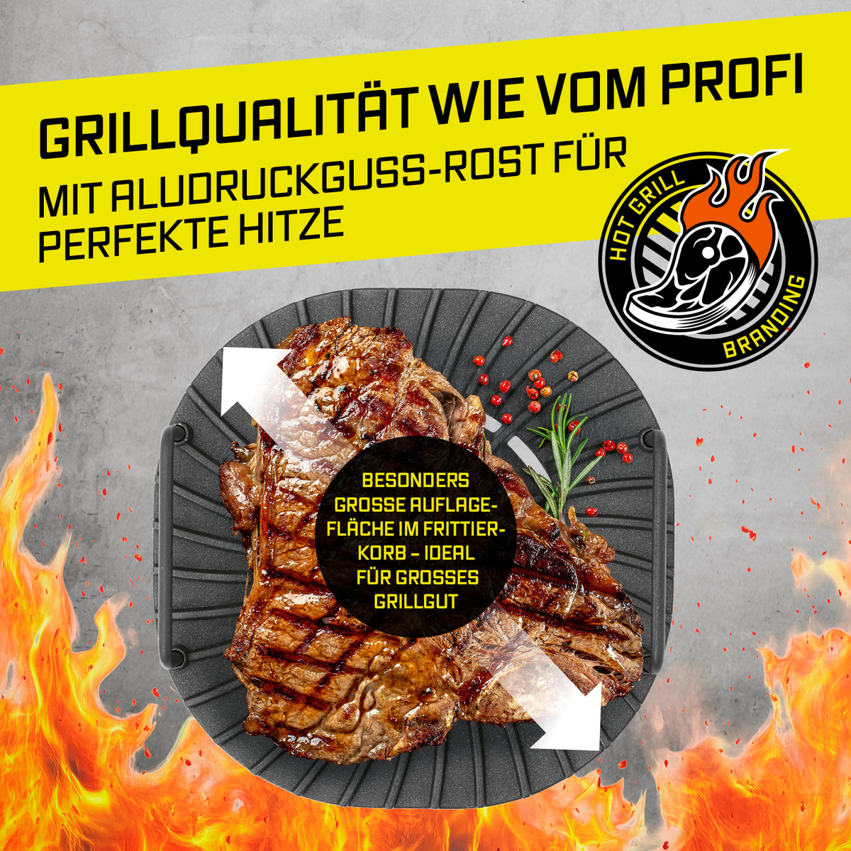 Heißluftfritteuse FryBBQ - 5 Liter mit Aludruckguss-Rost für professionelle Grillqualität und perfekte Hitzeverteilung.