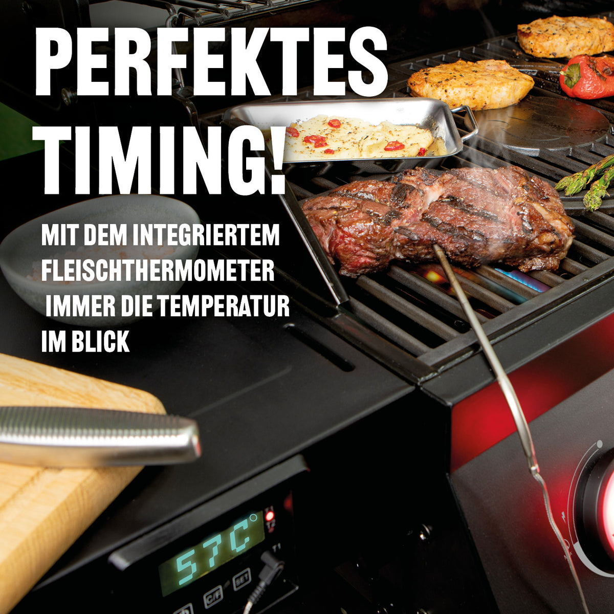 Gasgrill COOL BLACK 5.2 maxX-Zone zeigt integriertes Fleischthermometer und vielseitiges Grillen mit präziser Temperaturkontrolle.