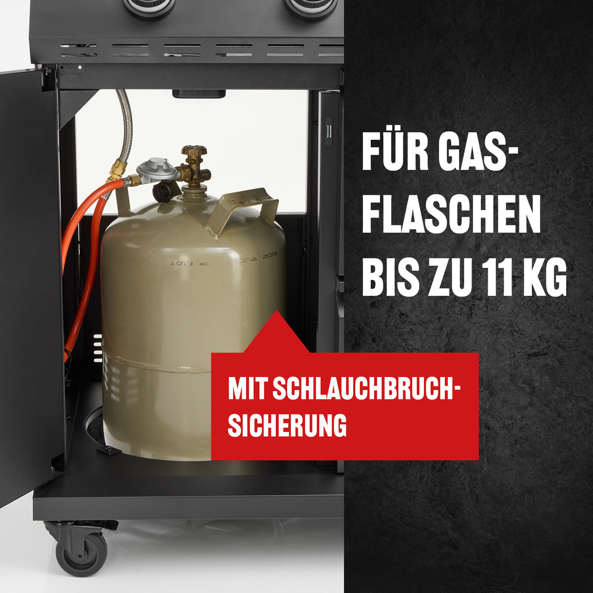 Gasgrill COOL BLACK 5.2 maxX-Zone mit sicherer Gasflaschenhalterung für bis zu 11 kg und Schlauchbruchsicherung.