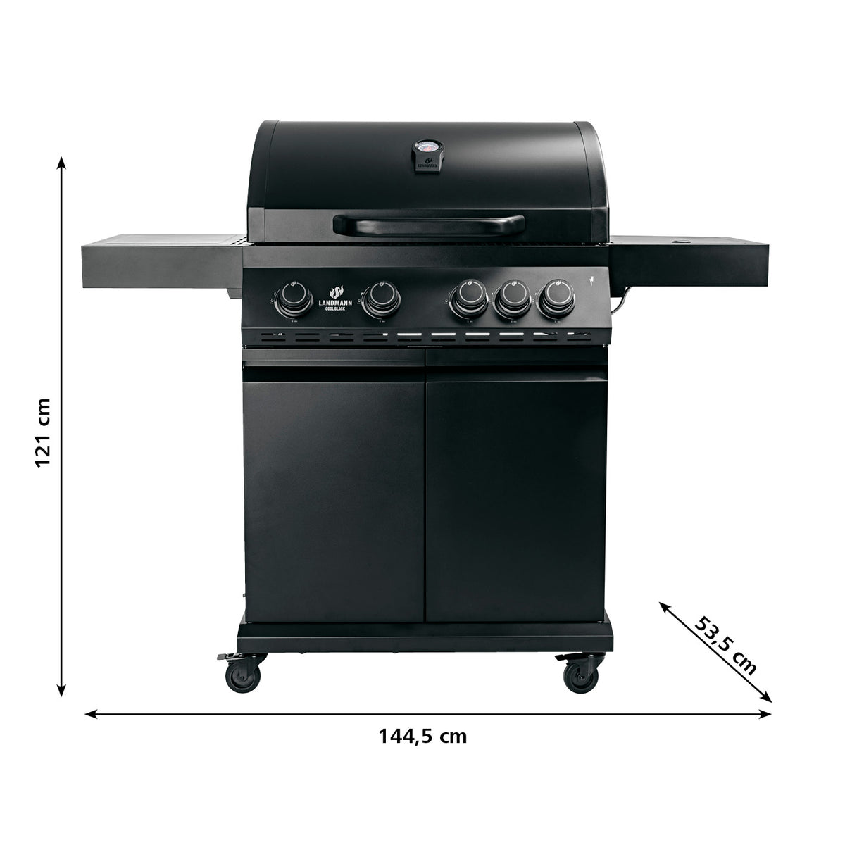 Gasgrill COOL BLACK 4.1 – 4 Brenner plus Seitenbrenner in schwarzem Design mit großem Grillrost und Wagen auf Rollen.