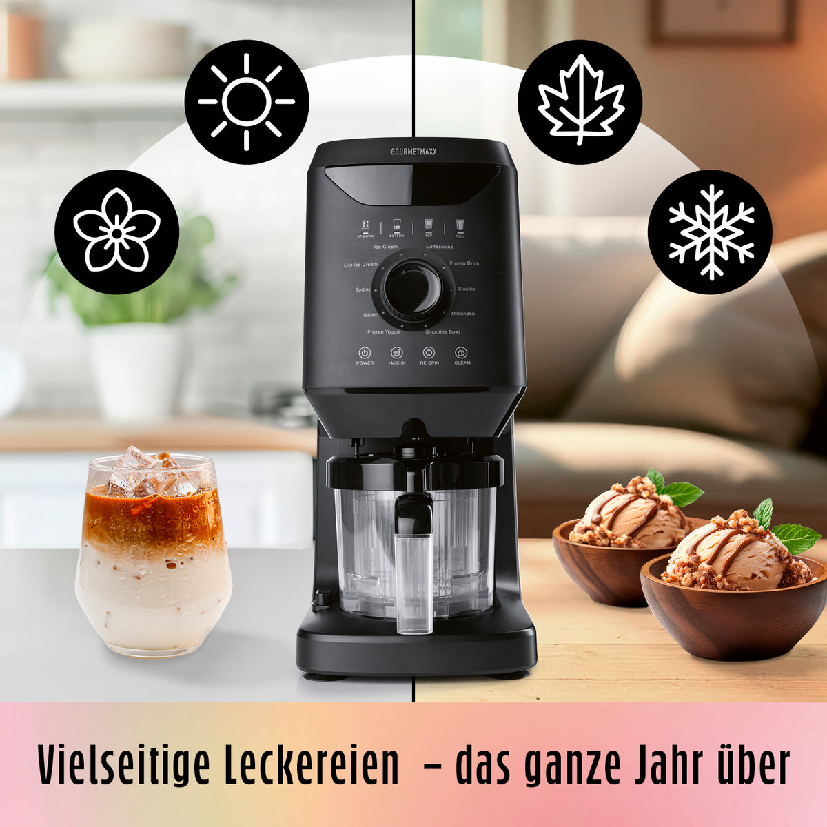Eismaschine SmoothUp für vielseitige Drinks und Desserts mit 10 Programmen und Mix-in-Funktion für jede Jahreszeit.