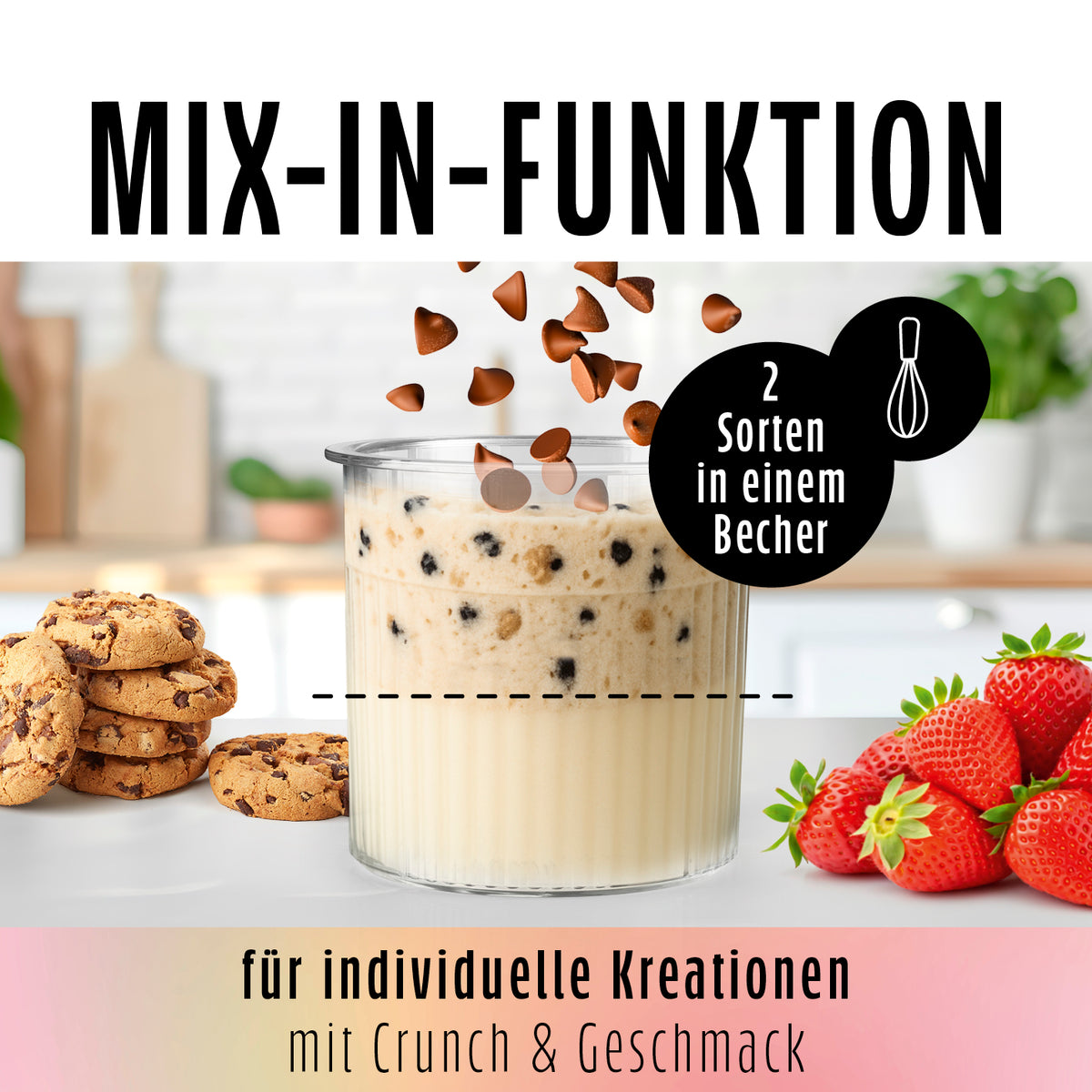 Eismaschine SmoothUp zeigt Mix-In-Funktion mit Schokolade und Früchten für individuelle Eiscreme-Kreationen mit Crunch und Geschmack.