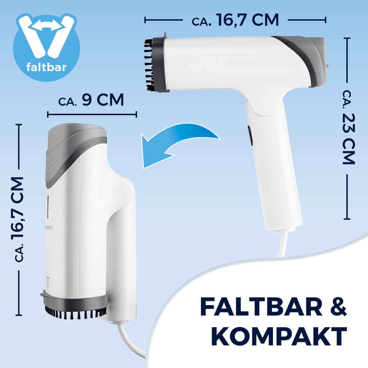 2in1-Dampfbürste mit faltbarem, kompaktem Design und genauen Maßen für einfache Handhabung und platzsparende Aufbewahrung Galerie 9
