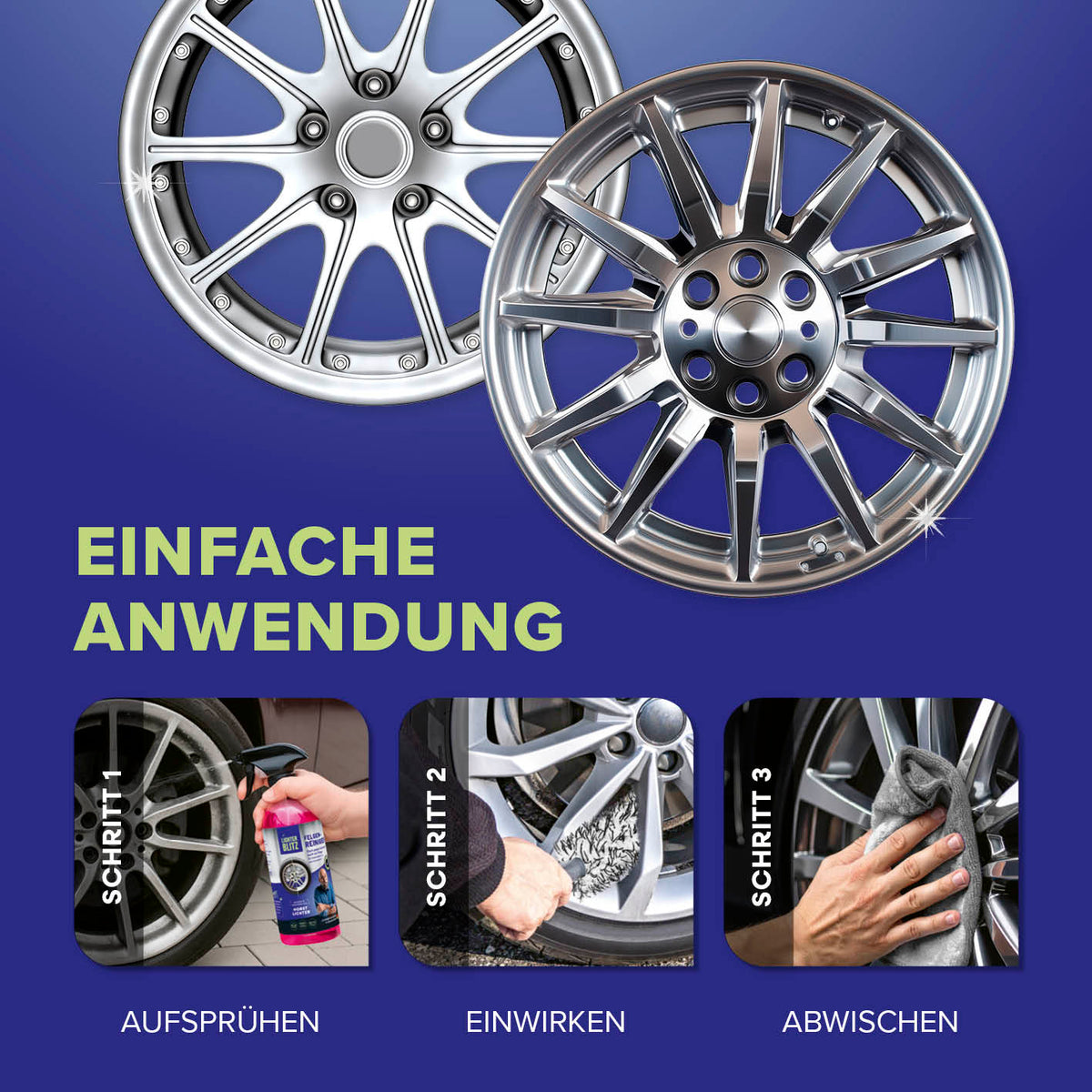 Felgenreiniger - 500 ml zeigt Anwendungsschritte Sprühen Einwirken Abwischen für intensive Felgenreinigung, Galerieposition 4 quadratisch