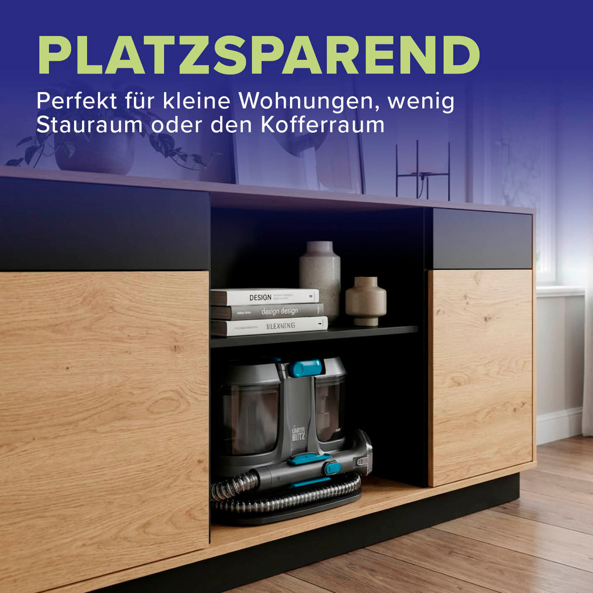 Waschsauger & Polsterreiniger Gerät platzsparend in moderner Wohnzimmerschranknische, Galerieposition 6 quadratisch 1417x1417px