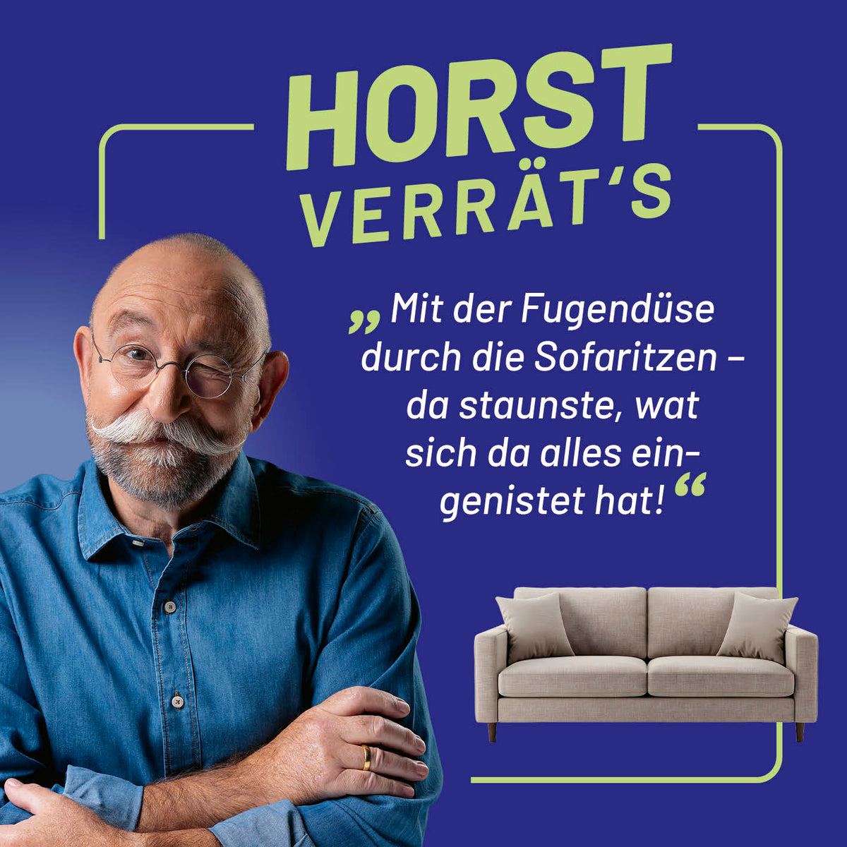Waschsauger & Polsterreiniger Gerät mit Horst Lichter Tipp und Sofa-Illustration, Galerieposition 7, quadratisch 1417x1417px.