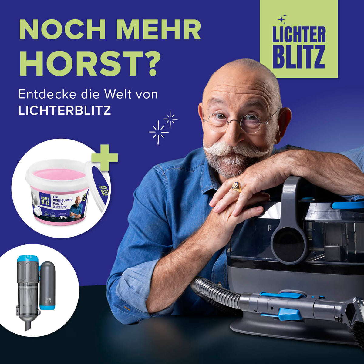 Galeriebild 8 des Waschsauger & Polsterreiniger Geräts mit Horst Lichter und Zubehör vor blauem Hintergrund quadratisch 1417x1417px
