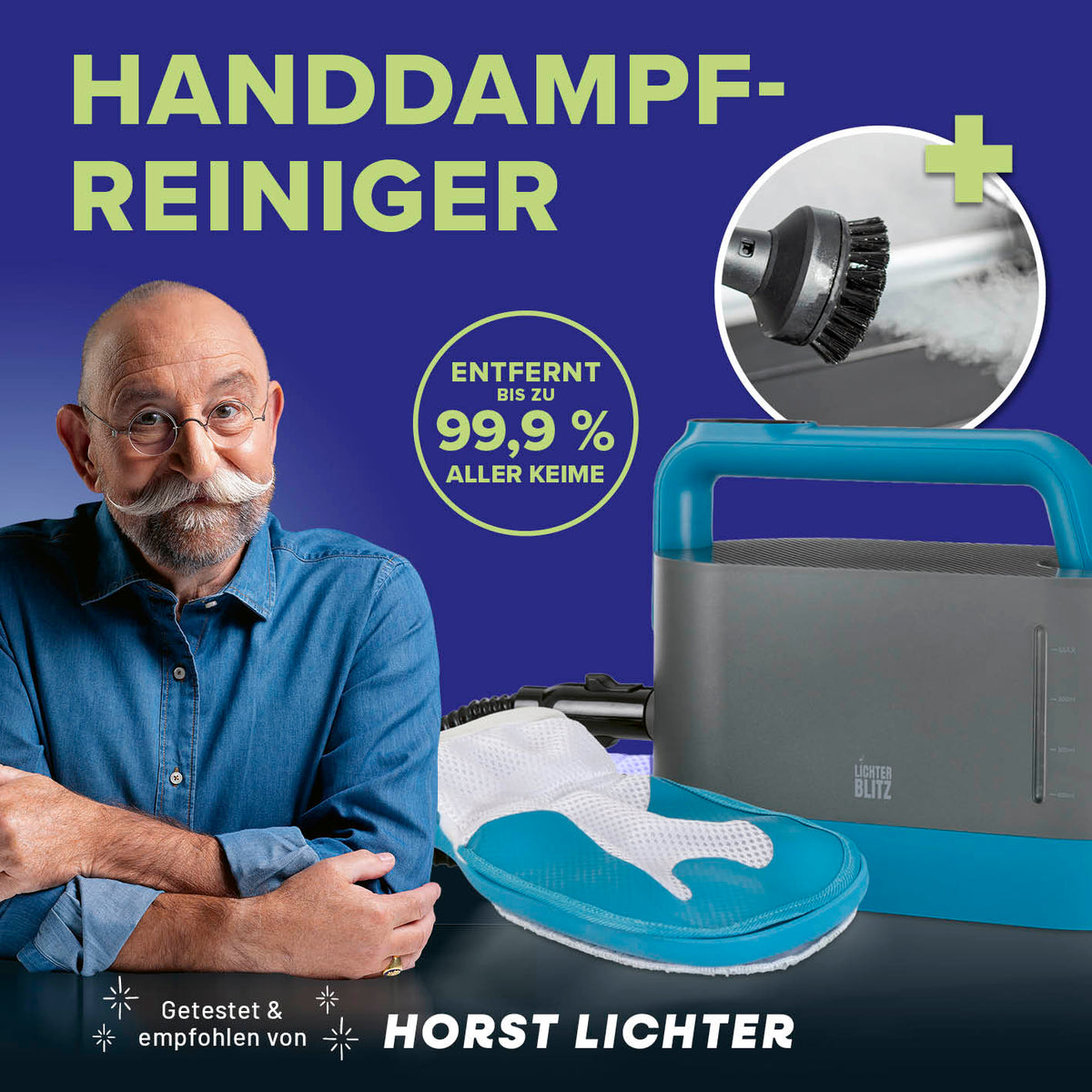 Handdampfreiniger mit Bürstenaufsatz entfernt bis zu 99,9% aller Keime für gründliche Hygiene und einfache Reinigung.